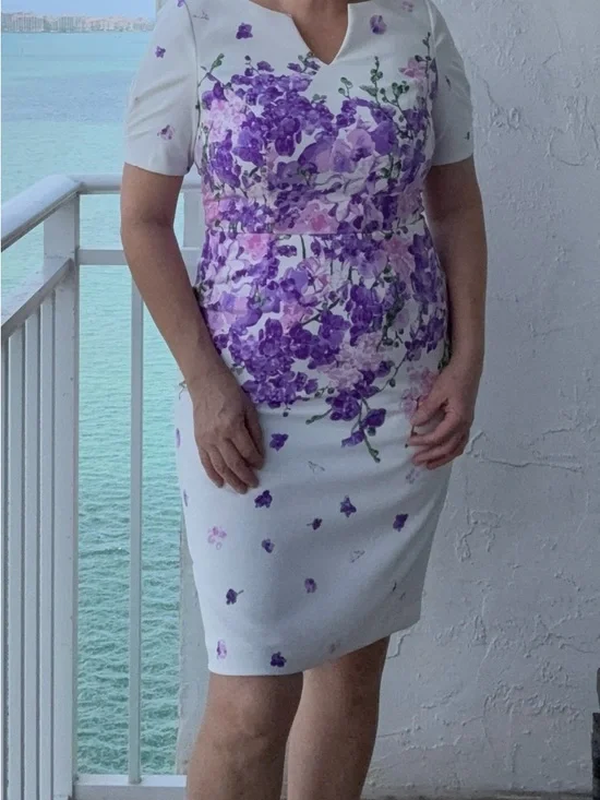 Adrianna Papell Floral Sheath Dress Size 6 White Purple Wedding Guest - Picture 2 of 7